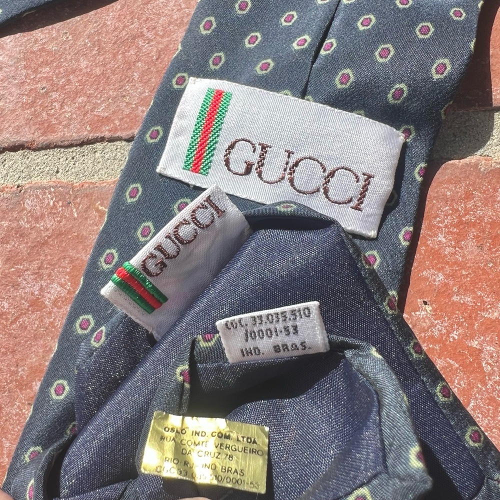 Gucci Tie Navy Blue Silk Mens Necktie Narrow Geometric Pattern Red Green - Picture 2 of 4